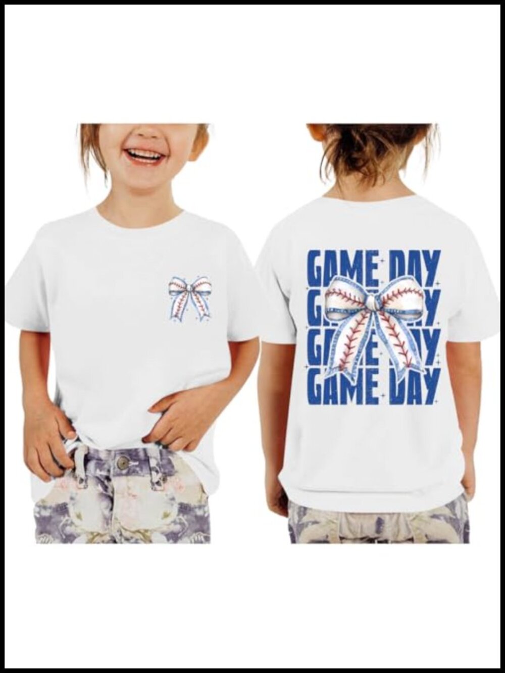 Girls Cotton Baseball Bow Graphic Tee Short Sleeve Crew Neck Game Day Top